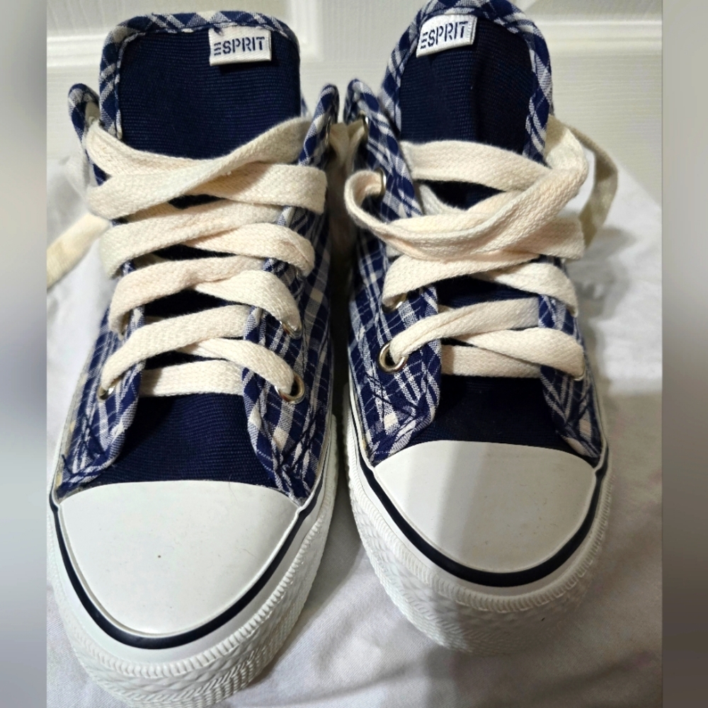 Y2K ESPRIT Plaid Converse Style Low-Top Sneakers, Navy & White, Lace-Up, Sz 7.5. - Picture 4 of 8